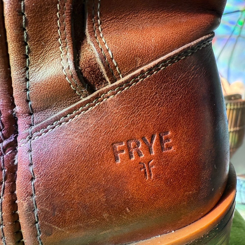 Frye Brown Leather Western Heeled Boots with Yellow Stitching - Picture 2 of 10